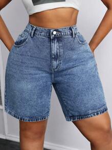 SHEIN ICON 大码水洗斜口袋直筒牛仔短裤夏季女装节日装百慕大短裤休闲 - 中等水洗藍 - 查看 4
