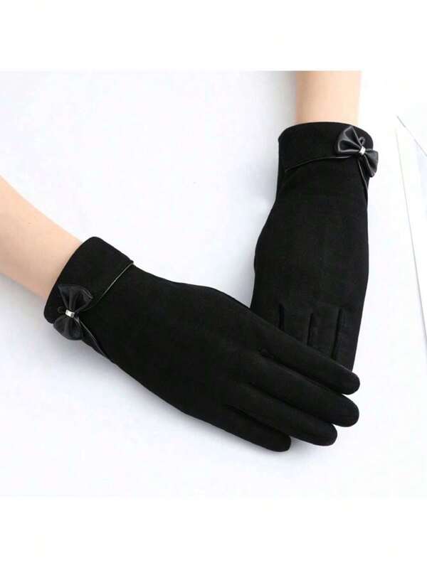 Cute Fashionable Women's Deerskin Knitted Touch Screen Gloves With Thermal Lined, Autumn& Winter, Warm & Windproof Bow Valentine's Day