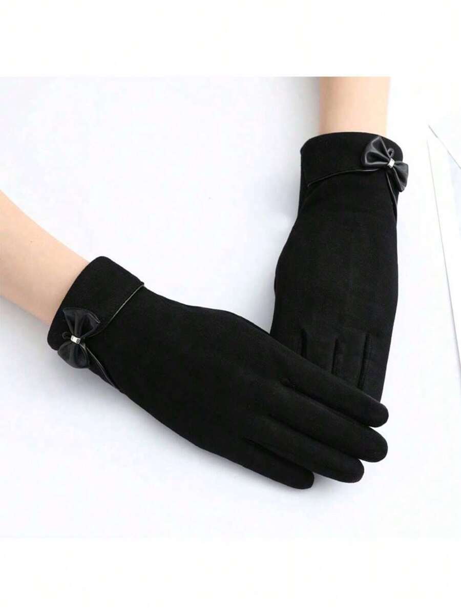Cute Fashionable Women's Deerskin Knitted Touch Screen Gloves With Thermal Lined, Autumn& Winter, Warm & Windproof Bow Valentine's Day - Black - View 1
