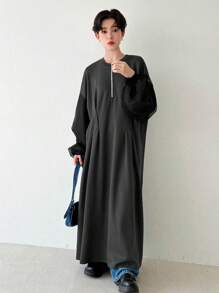 FRIFUL Women's Zipper Half Placket Drop Shoulder Lantern Sleeve Dress With Thermal Lined Fall,Winter - Grey - View 5