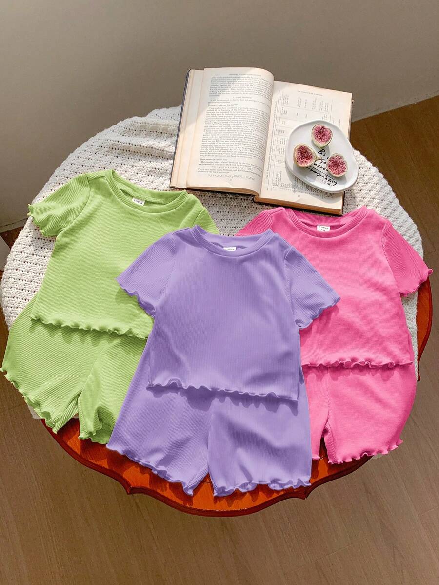 SHEIN LMoss Kids LMoss 6件套女婴纯色针织短袖上衣和松紧腰短裤休闲装 - 綠色 - 查看 1