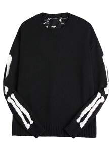 Manfinity Dauomo Áo len dệt kim đơn giản cổ tròn dài tay họa tiết xương cho nam, thường ngày - màu đen - Xem 2