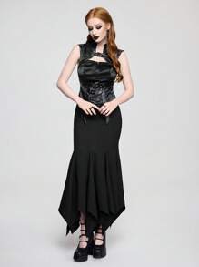 ROMWE Goth Top sin mangas de unicolor con escote espalda descubierta, de satén, ojetes y estilo gótico retro sexy, para mujer