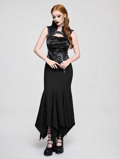 Goth Top smanicato sexy unisex in raso con occhielli PU stile gotico vintage, colore unito con schiena scoperta adatto per le donne