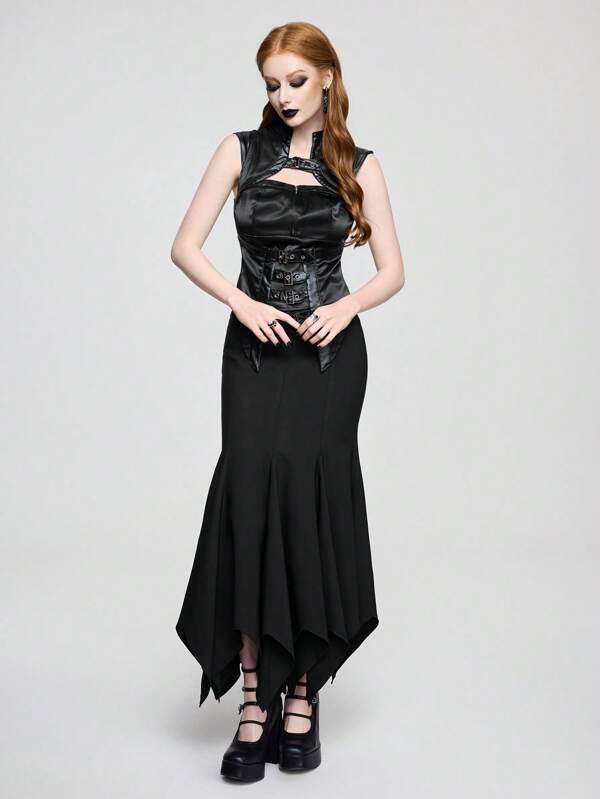 ROMWE Goth Top sans manches unicolore de couleur unie en satin œillet rétro gothique sexy et étroit, dos nu, pour femmes