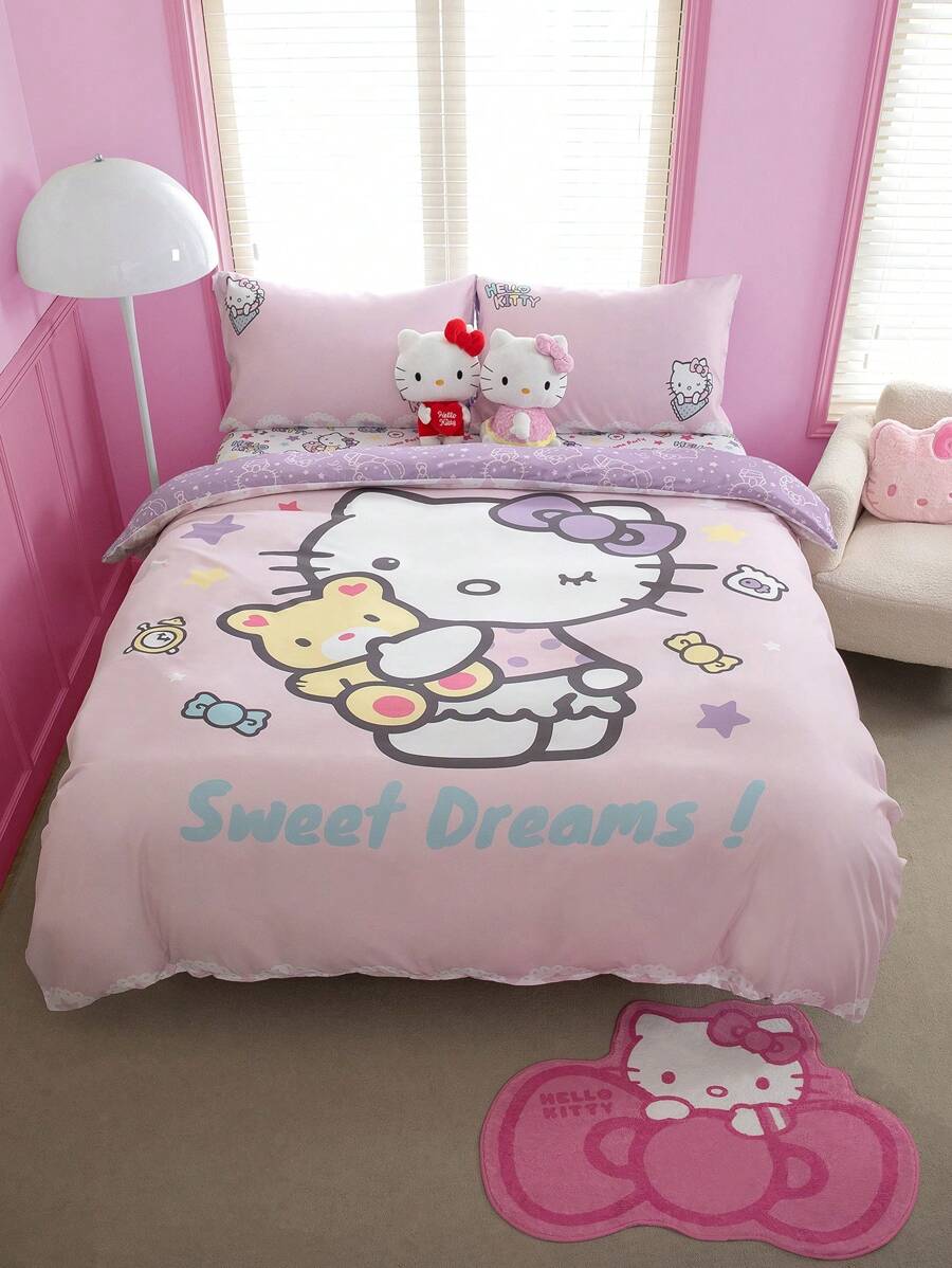 HELLO KITTY AND FRIENDS | SHEIN Juego de funda de edredón impresa con diseño de gato de doble cara