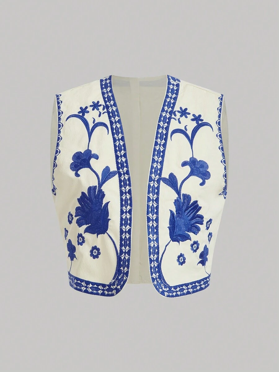 Chiquease Áo khoác không tay viền bất đối xứng họa tiết hoa cổ điển - Màu xanh lam - Xem 1