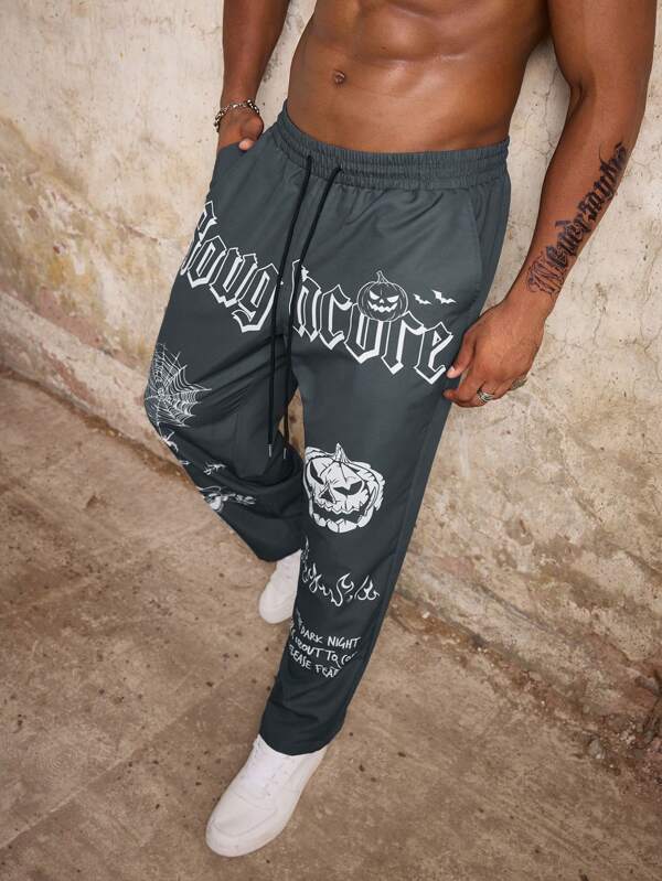 Manfinity Roughcore Plus Size Men's Drawstring Letter & Halloween Element Casual Pants