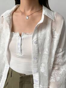 FRIFUL 女士纯色不对称透明蕾丝长袖衬衫、长袖上衣