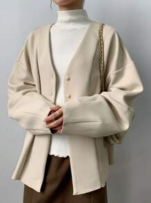 FRIFUL 女士长袖单排扣长款宽松优雅纯色常规外套，秋冬女士夹克 - 杏色 - 查看 4