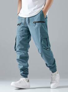 Manfinity EZcore Loose Fit Men's Flap Pocket Side Drawstring Waist Cargo Pants, Fall - Baby Blue - View 4