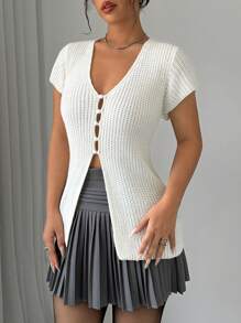 Chiquease Camisa de punto casual de manga corta con cuello en V y abotonadura de un solo color