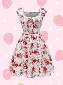 Strawberry Shortcake X SHEIN Summer Cute Strawberry Printed Contrast Lace Dress - White - View 1