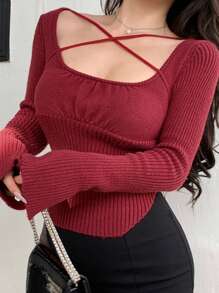 DAZY Suéter de cuello anudado para mujer, ropa de otoño para volver a la escuela y fiestas