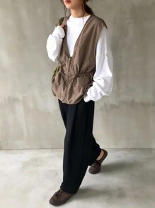 FRIFUL Women Regular Waist Cinched Vest Jacket