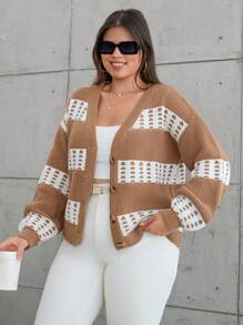 RueChic Cardigan de talla grande con bloques de color y botones para el otoño