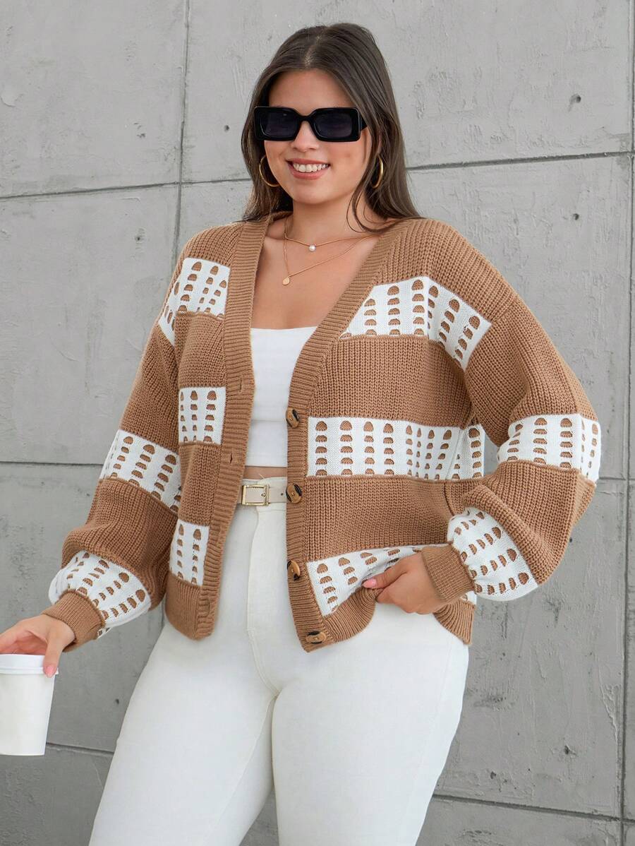 RueChic Cardigan de talla grande con bloques de color y botones para el otoño