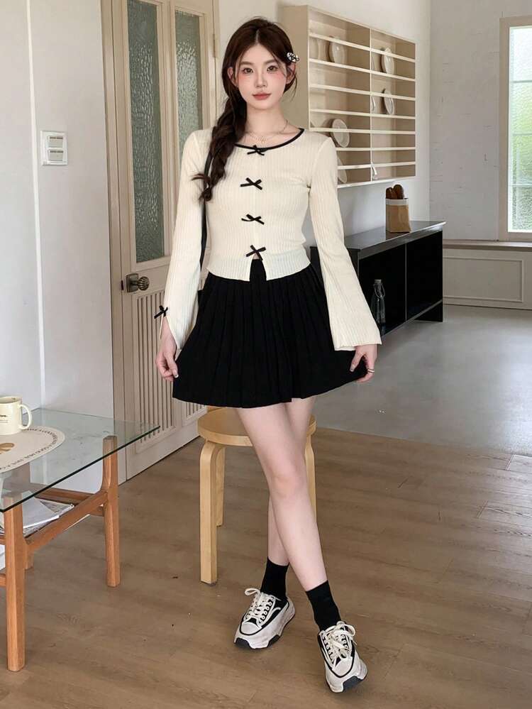 Women's Casual Round Neck Long Sleeve Tee With Bow Decor And Slit Hem, Spring Summer