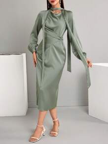 Modelyn 女士优雅纯色灯笼袖裹身裙春秋长款晚礼服