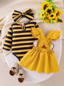 SHEIN Set Baju Terusan Bayi Perempuan Motif Garis-garis Lebah Lengan Panjang + Bordir Lebah - Kuning - View 2