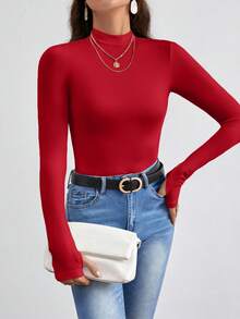 SHEIN Frenchy 純色高領T恤，內搭T恤，長袖，基礎款T恤 - 紅色 - 查看 4