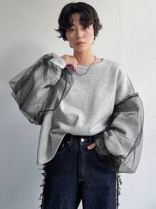 FRIFUL Women Mesh Panel Long Sleeve Thermal Lined Sweatshirt,Thermal Lined Fall,Winter - Grey - View 2