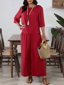 EMERY ROSE 2pcs/Set Women's Elegant Solid Color Crew Neck Mid-Sleeve Green Wide-Leg Pants Set - Burgundy - View 5