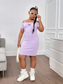 SHEIN Tween 女童加大码基本款休闲针织短袖淡紫色蝴蝶贴花连衣裙，春夏 - 紫色 - 查看 6