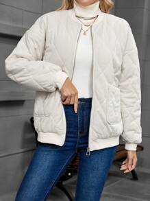SHEIN LUNE Women Casual Solid Color Diamond Check Padded Coat, Autumn/Winter - Apricot - View 2