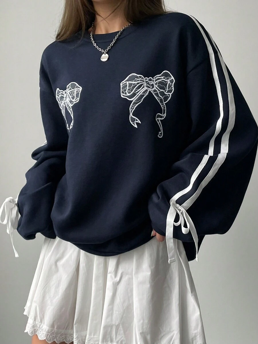 DAZY 蝴蝶结芭蕾舞裙休闲女式运动衫，秋季女装 - 藏蓝色 - 查看 1