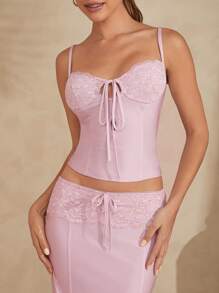 L'Amorae Lace Insert Cami Top And Mermaid Maxi Skirt Set - Pink - View 2