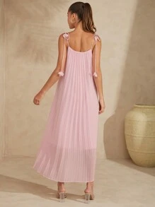 L'Amorae 褶裥 3D 花朵肩带系带细节长裙