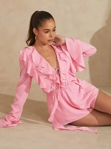 L'Amorae Ruffle Draped Flounce Sleeve Romper - Pink - View 1