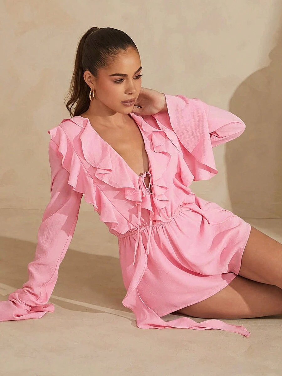 L'Amorae Ruffle Draped Flounce Sleeve Romper - Pink - View 1