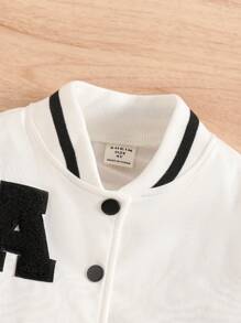 SHEIN 2pcs Young Girl Letter Print Long Sleeve Bomber Jacket & Pleated Skirt School Style Outfit, Spring/Autumn - Black and White - View 3