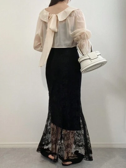 FRIFUL Set de 2 piezas con blusa de mangas largas transparente de cuello de bebé liso y vestido slip con dobladillo de encaje con volantes para mujeres