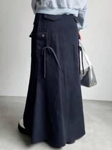 FRIFUL Women's Solid Color Pocket Casual A-Line Skirt - Green - View 5