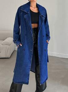 RueChic Lapel Neck Raglan Sleeve Belted Denim Coat - Blue - View 5