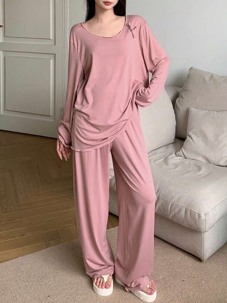 Soft Knit Simple Wavy Hem Bow Decor Loungewear Set Pajama