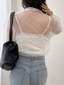 FRIFUL 女士纯色前系带透明长袖上衣，休闲度假