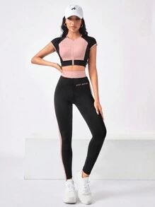 Easithlete Bộ đồ thể thao nữ cổ tròn tay ngắn có khóa kéo tương phản & quần dài thiết kế sọc tập luyện cho nữ Bộ đồ bó cho nữ - Hồng - Xem 5