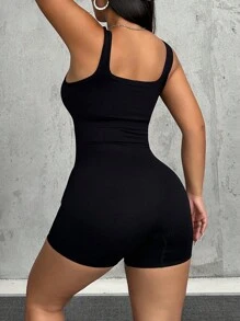 VaVaBold Women Summer Fall Casual Seamless Knit Solid Color Sports Outdoor Tight Romper Unitard Jumpsuit - Black - View 2