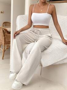 SHEIN Frenchy 女士抽绳口袋直筒阔腿舒适休闲优雅裤亚麻条纹长裤教师裤教师服装秋季服装返校通勤简约办公室老款简约 - 杏色 - 查看 6