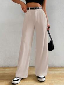 SHEIN EZwear Women Solid Color Toothpick Straight Loose Casual Trousers - Apricot - View 5