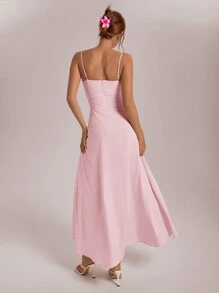 Aloruh Women's Summer Vacation Dress With Fishbone Design & Ruffled Hem,Pastel Dresses For Women - Pink - View 2