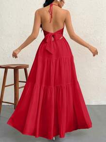 Firerie 女士浪漫花卉印花海滩度假吊带 V 领褶皱露背 A 字裙，适合夏季夏威夷 - 紅色 - 查看 3