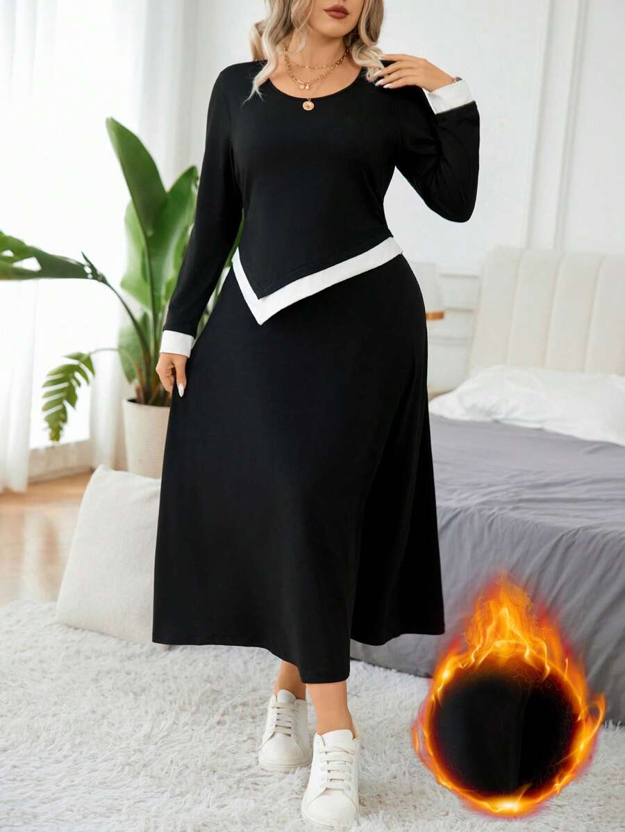SHEIN LUNE 2pcs Plus Size Women Spring/Fall Casual Color Block Asymmetric Hem Top And Skirt Set - Black - View 1
