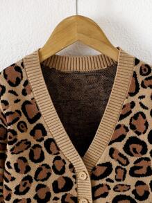 SHEIN Babygirl 秋冬时尚豹纹撞色长袖开衫 - 棕色 - 查看 3