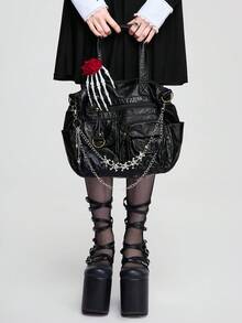 ROMWE Goth Bolsa de tela gótica vintage negra para mujer con estampado de rosa, calavera, huesos de mano y cadena con dije de calavera, bolsa de mano personalizada estilo punk para Halloween, bolso de hombro cruzado - Negro - Ver 5