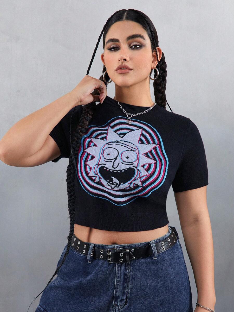 Rick and Morty X SHEIN 大码黑色朋克风格卡通图案修身短袖针织上衣